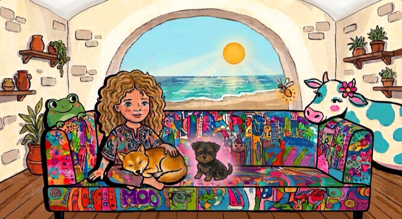 Cover of Klo's Magical Couch: Klo, her dog and a little black pup on a brightly painted couch, with a frog and a cow.